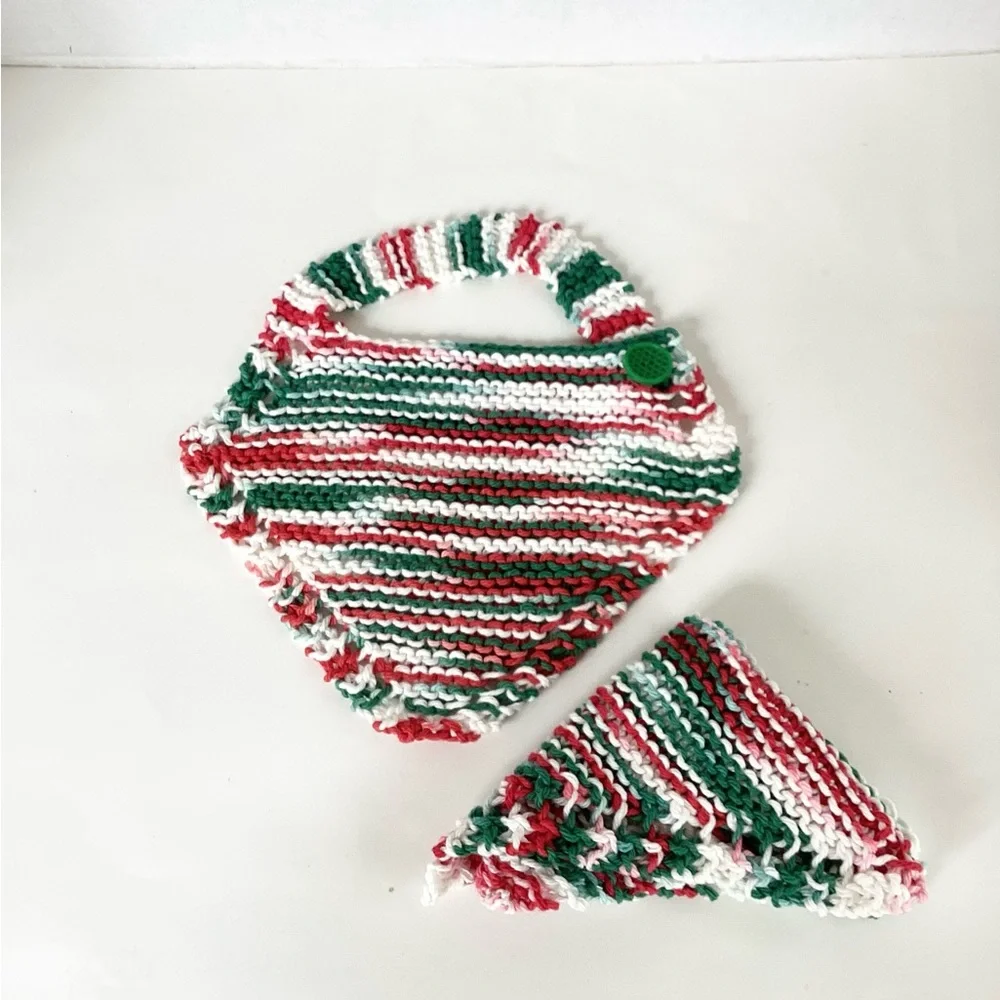 Bib Set Baby Hand Crafted Christmas Red White Green Cotton Knit Holiday Striped